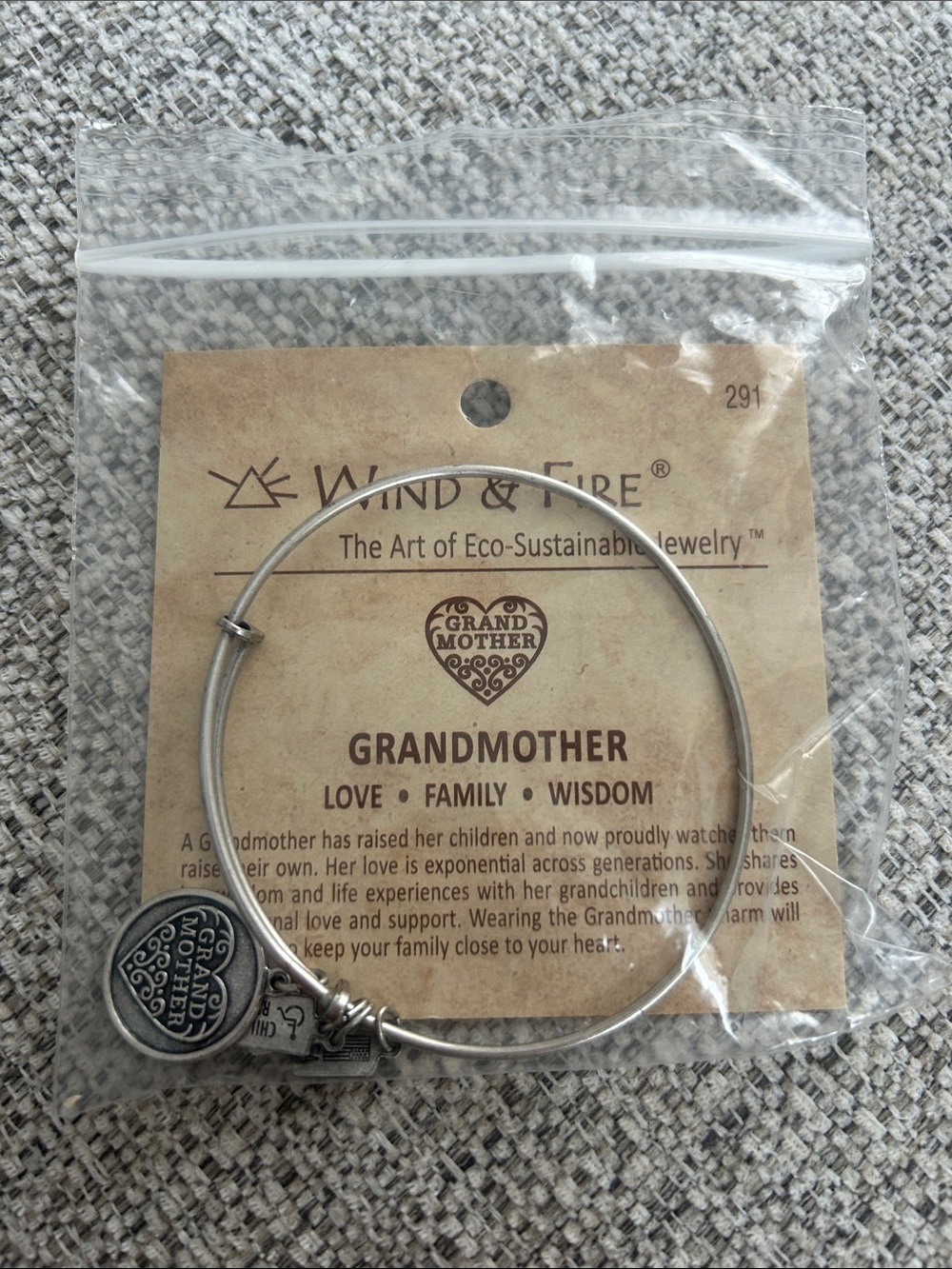 NEW! Wind & Fire Grandmother Charm Silver-Tone Bangle Bracelet